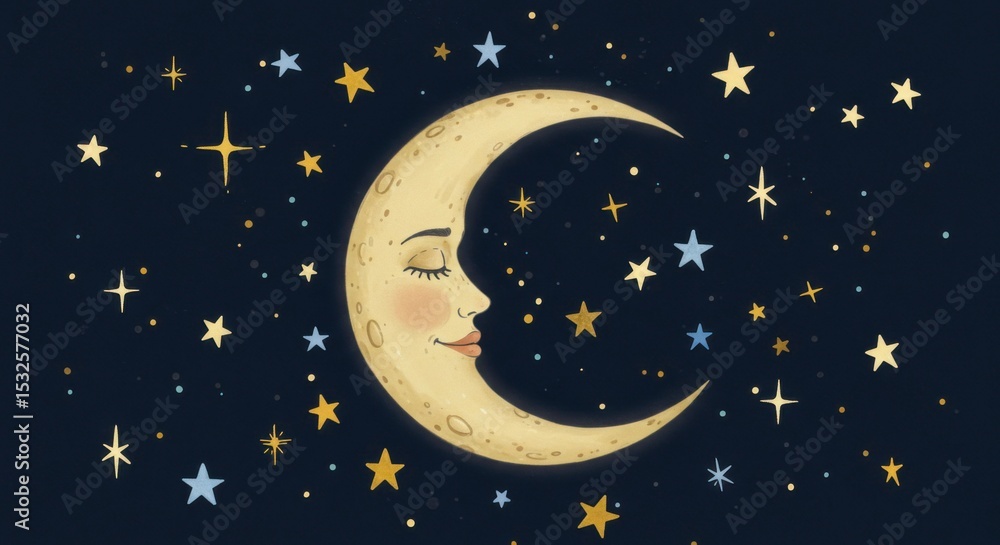 Naklejka premium Crescent moon with face, starry night