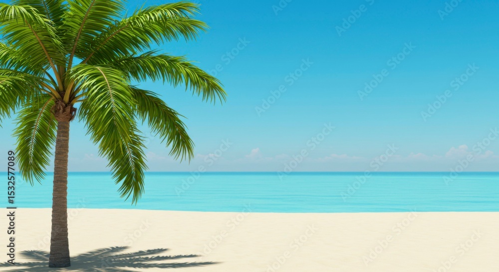 Serene tropical beach scene with a lone palm tree on white sand, clear blue ocean and sky Serene tropical beach scene with a lone palm tree on white sand, clear blue ocean and sky