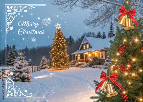 Enchanting Winter Wonderland: A cozy, snow-covered home is beautifully adorned with festive decorations, capturing the essence of Christmas. Warm lights glow.