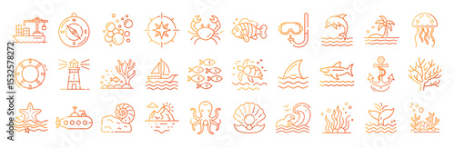 Sea ocean marine life nautical elements sailboat shark turtle vector icons set