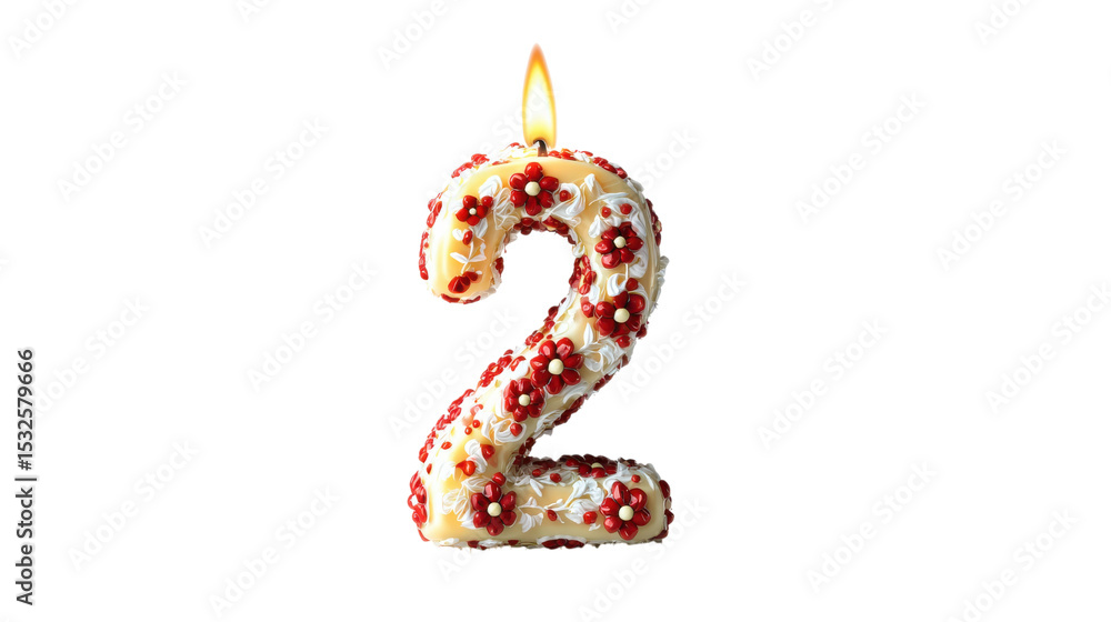Obraz premium Number Two Birthday Candle with Flowers on Transparent Background