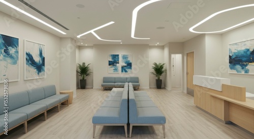 Interior shot of a modern waiting area. Blue couches and art, wood accents, bright ceiling lights