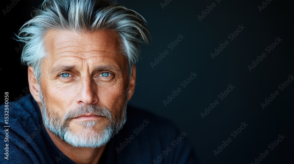 Obraz premium This striking portrait features a mature man with silver hair, deep blue eyes, and a compelling expression, highlighting his life's wisdom and experience captured in a soft light.