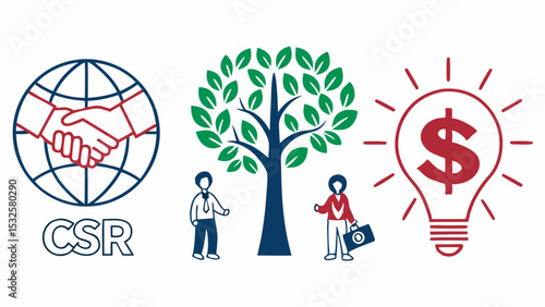 Illustration depicting corporate social responsibility with handshake globe tree and dollar sign lightbulb concept