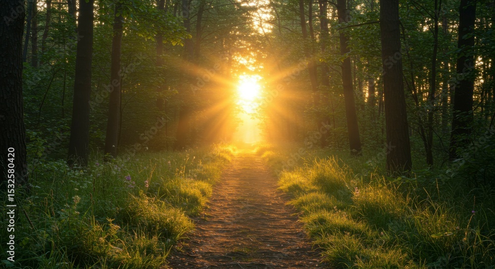 Obraz premium Pathway through forest, sun bursts, creating a warm, ethereal light. Trees frame the path