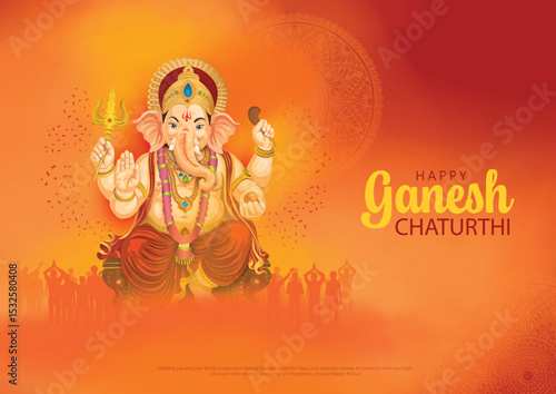 Vector illustration of lord ganpati for happy Ganesh Chaturthi festival of India. Celebration background design with people.