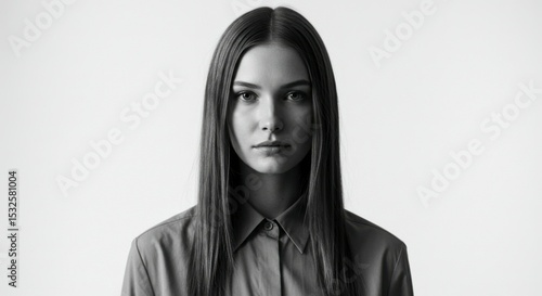 Portrait of a young woman with long straight hair, wearing a collared shirt. In black and white
