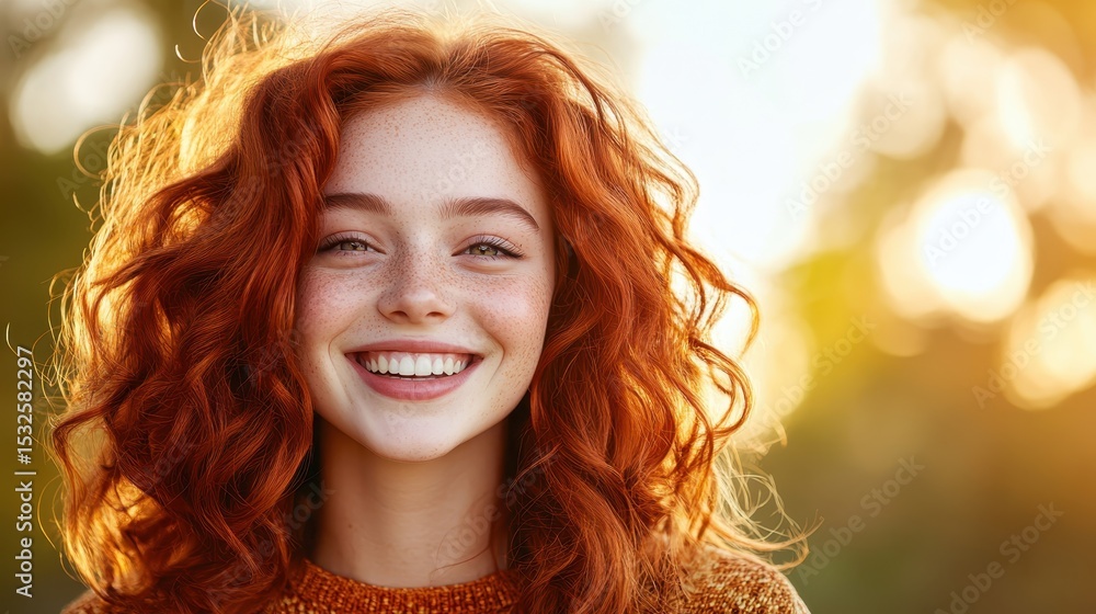 Fototapeta premium A joyous redhead girl smiles brightly in golden sunlight, emphasizing her natural beauty and the warmth of the moment, evoking feelings of happiness and serenity.