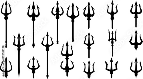 Set of black silhouettes of trident on a white background
