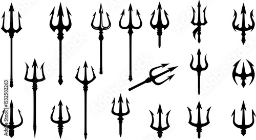 Set of black silhouettes of trident on a white background
