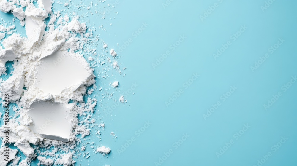 Fototapeta premium A dynamic composition of white flour scattered across a vibrant teal surface illustrates the artistry of baking and the beauty of simple ingredients in culinary creations.