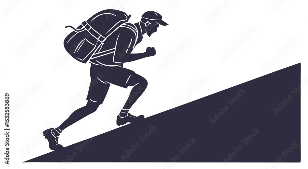 Fototapeta premium Silhouette of a Hiker Climbing Uphill with Backpack