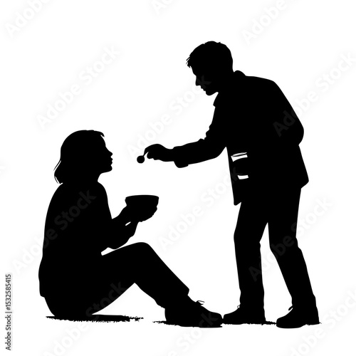 Silhouette of boy giving food to homeless woman. Boy offers help and compassion to needy person.  Image depicts charity and kindness, perfect for social campaigns promoting assistance for homeless.