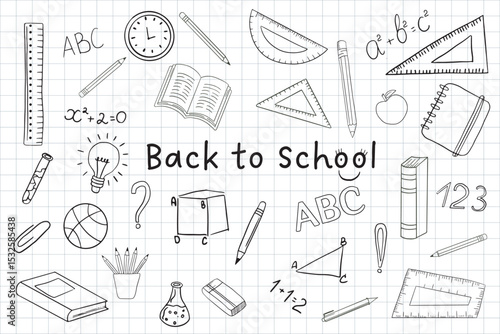 hand drawn school doodles.  Vector sketch of school elements: books, pencils, formulas, rulers and more. Ideal for academic projects, learning materials, and back to school promotions. Vector