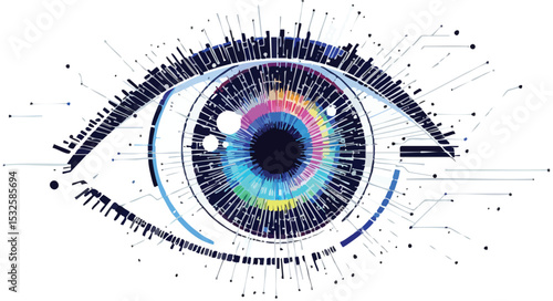 A colorful digital eye represents technology surveillance artificial intelligence and big data.