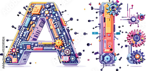 Futuristic illustration of artificial intelligence represented by circuit board letters.