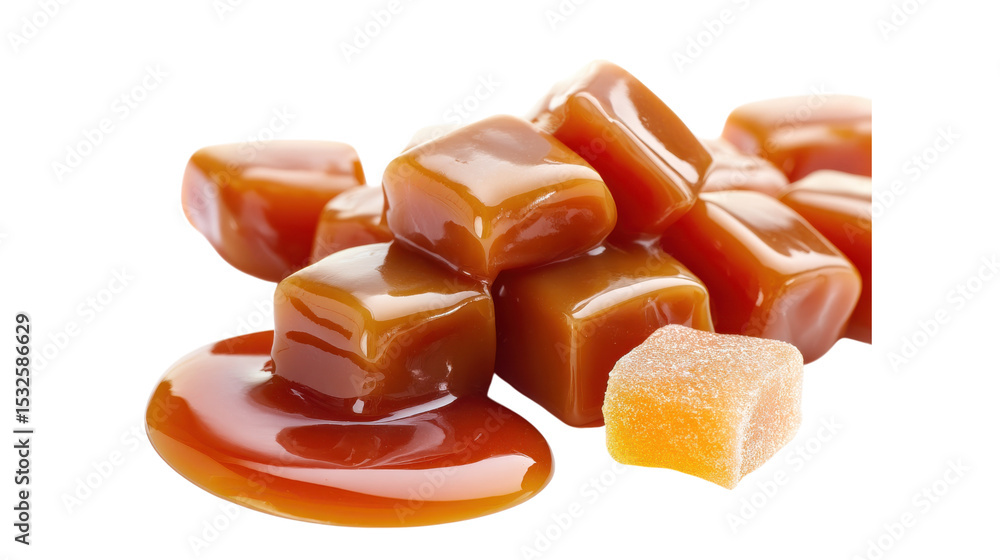 Delicious Caramel Candies with Caramel Sauce on Transparent Background Delicious Caramel Candies with Caramel Sauce on Transparent Background