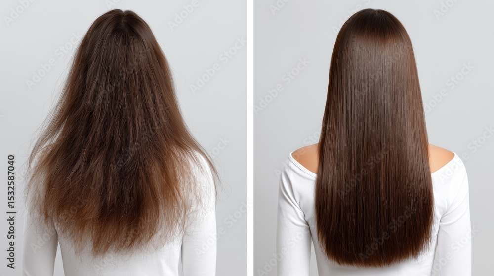 Hair Transformation Split View Frizzy vs. Smooth and Glossy Comparison Hair Transformation Split View Frizzy vs. Smooth and Glossy Comparison