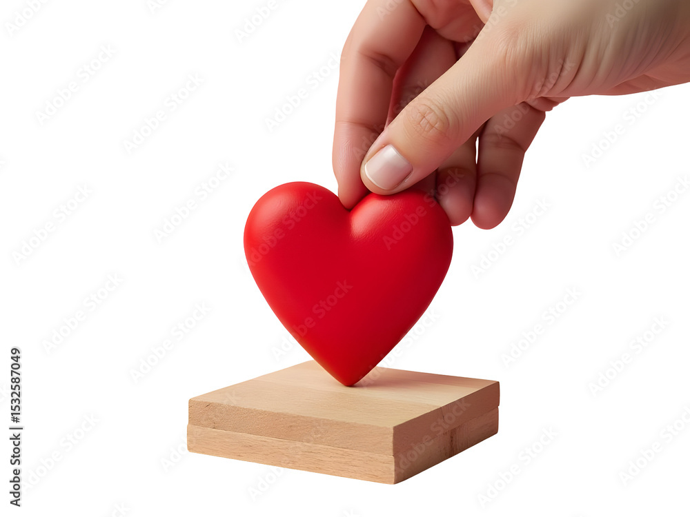 Fototapeta premium Elevated Heart Display: A hand delicately positions a vibrant red heart atop a wooden pedestal, embodying the essence of love, care, and devotion. This symbolic image.