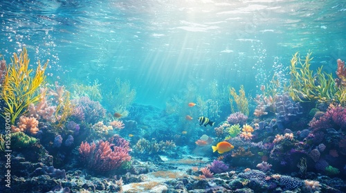 Fototapeta Naklejka Na Ścianę i Meble -  Vibrant underwater coral reef teeming with colorful fish and marine life in a sunlit ocean