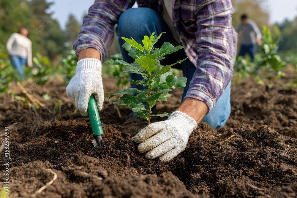 Naklejka premium Person planting a small tree in the ground with gloves and a gardening tool nearby