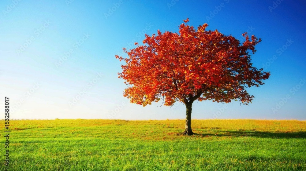 Vibrant autumn tree stands alone on a green field against a clear blue sky during a sunny day in fall Vibrant autumn tree stands alone on a green field against a clear blue sky during a sunny day in fall