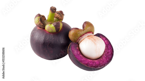 Fresh Mangosteen Fruit Whole and Cut on Transparent Background
