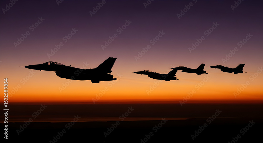 Fototapeta premium Fighter Jets Flying Silhouette Orange Sky