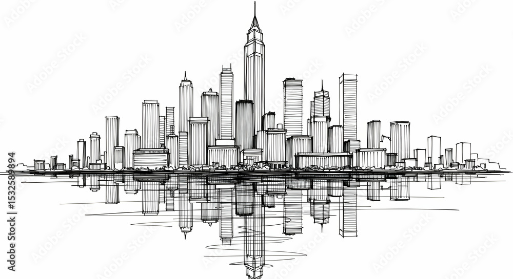 Obraz premium Monochrome Cityscape Sketch Reflected on Water, Abstract Urban Drawing