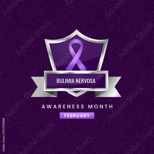 Bulimia Nervosa awareness month background shield design with purple silk ribbon.