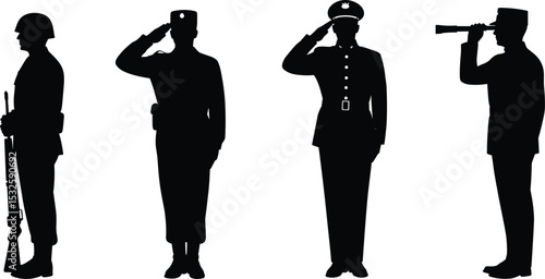 Vector silhouette illustration of military soldiers in uniform saluting, standing with weapon, observing with binoculars