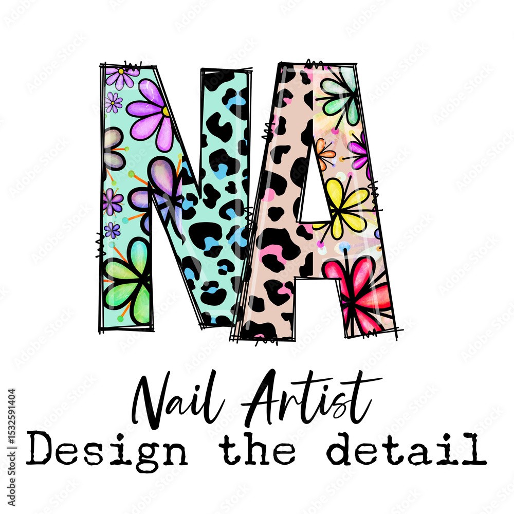 Fototapeta premium Colorful Floral Leopard Print Nail Art Design Details