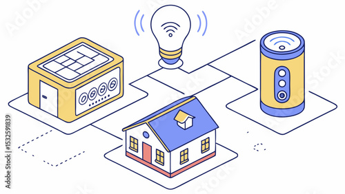 Isometric view of smart home automation system with connected devices and central hub shown in detail