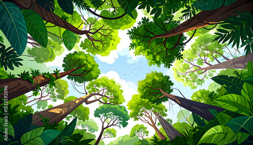 Lush Rainforest Canopy A View from Below, Green Leaves and Tall Trees