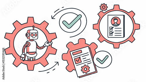 Illustration showing a robot in a gear, check mark, document and gear, and profile in a gear design concept
