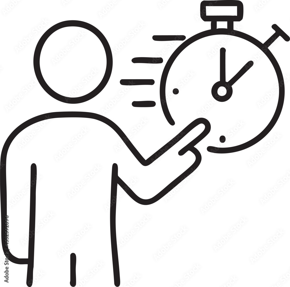 Stick Figure Pointing at a Stopwatch Representing Time Management and Deadline Awareness in a Simple Black and White Illustration Stick Figure Pointing at a Stopwatch Representing Time Management and Deadline Awareness in a Simple Black and White Illustration