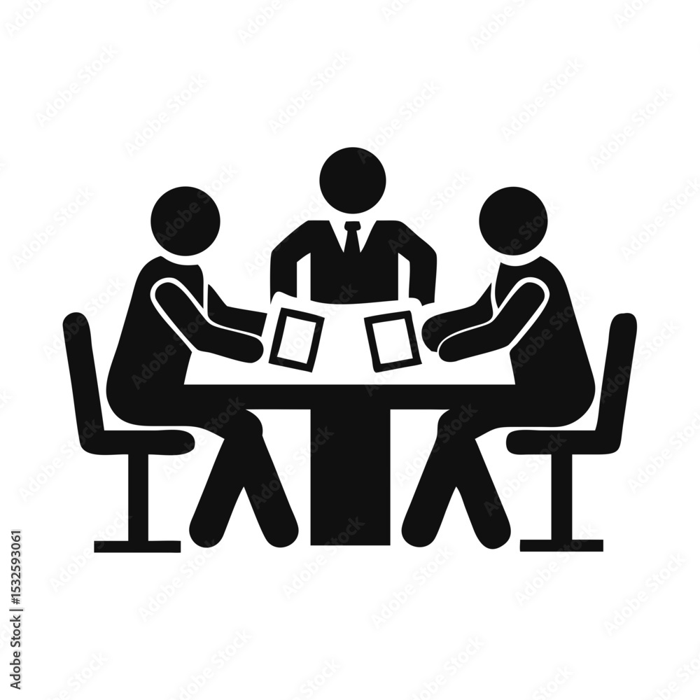 3 business figures sitting at table in discussion with tablets, suggesting formal meeting or client pitch. sales presentation, B2B communication, strategic planning concept. consulting agency, corp 3 business figures sitting at table in discussion with tablets, suggesting formal meeting or client pitch. sales presentation, B2B communication, strategic planning concept. consulting agency, corp