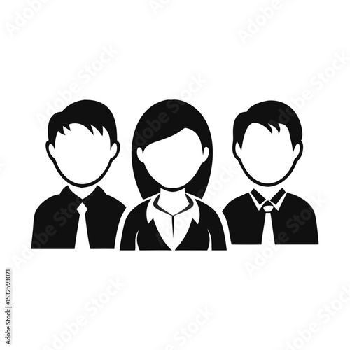 Three professional figures in formal clothing, standing front-facing, representing staff team or corporate department. employee profile, user role group, HR materials concept