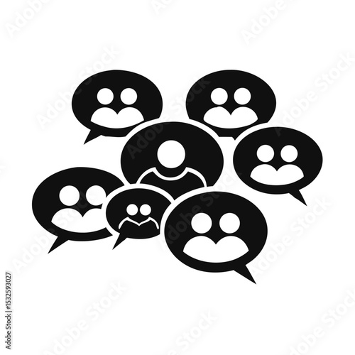 Multiple overlapping chat bubbles with user avatars inside, symbolizing diverse conversation streams or live support. social media inbox, messenger integration, feedback collection concept