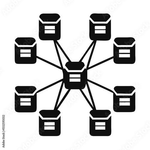 Network diagram with connected folders in hub-and-spoke layout, representing data structure or database system. IT infrastructure, cloud storage, digital workflow concept. data ops, file sync, knowled
