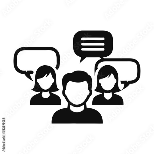 Silhouettes of three people with overlapping chat bubbles, representing group communication or message flow. community forum, support chat, feedback tool concept. social UX, collaboration platform, la