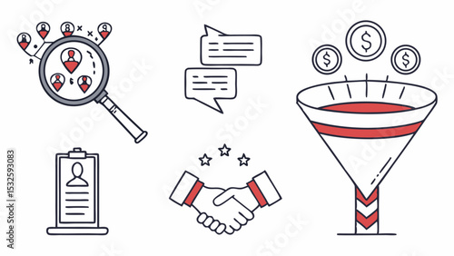Illustration depicting business concepts with magnifying glass, chat bubbles, handshake, funnel and resume