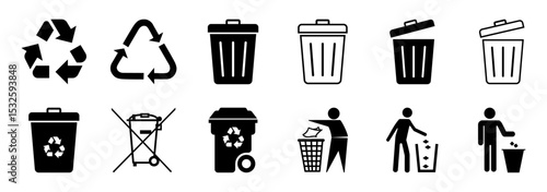 Set of recycling and trash bin icons including waste disposal, littering symbols, and recycle logos. Ideal for environment, waste management, and eco awareness designs.