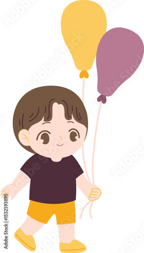 Joyful Little One with Balloons: A charming illustration captures a young child in a playful moment, cheerfully holding aloft a pair of colorful balloons.