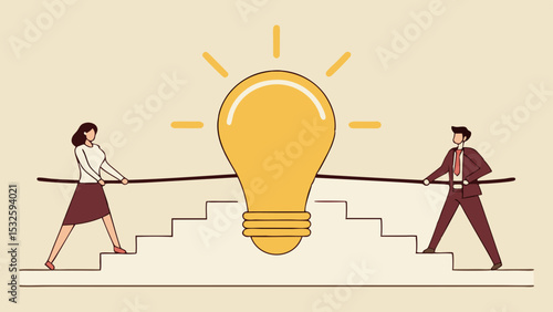 Business people in tug of war with light bulb on stairs representing competition and innovation idea