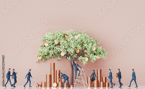 Successful business people picking up golden coins from the money tree  3D rendering