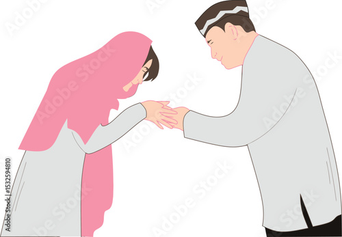 Traditional Respect: A tender moment is captured as a man respectfully bows to a woman, each hand gently meeting in a symbol of mutual regard and cultural grace.