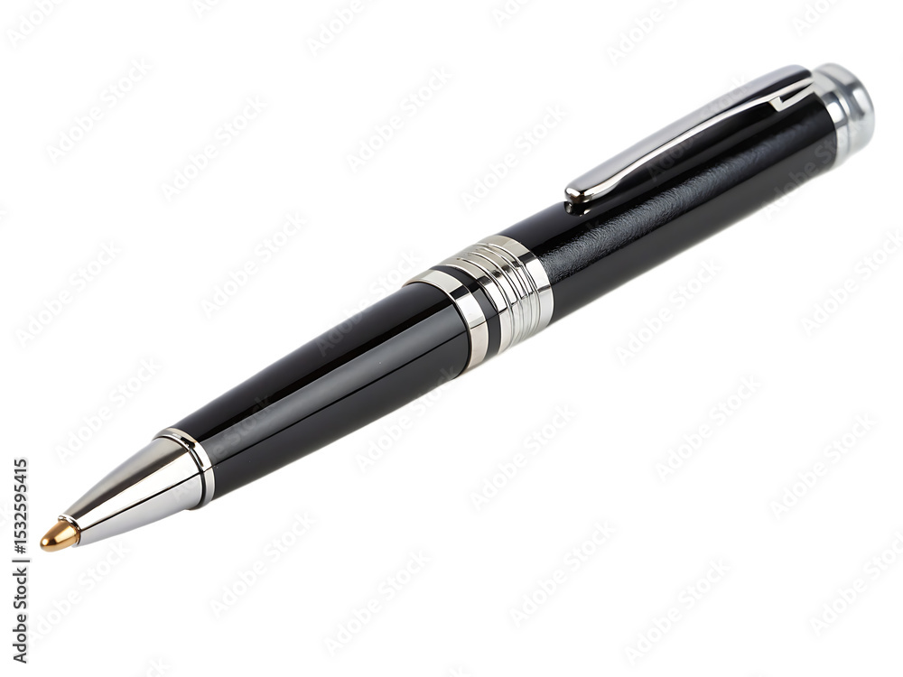 A close up shot of a sleek black pen with silver accents on a black background in a studio setting A close up shot of a sleek black pen with silver accents on a black background in a studio setting