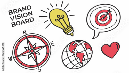 Illustration of brand vision board with compass, lightbulb, target, globe, and heart icons in color scheme