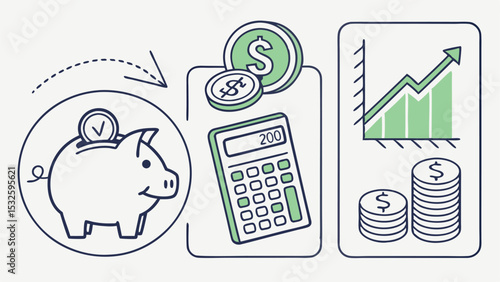Illustration showing a piggy bank with arrow, calculator, coins and a growth chart in rectangles